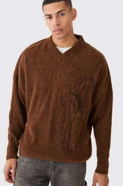 Boxy V Neck Boucle Textured Knit Jumper | BoohooMAN UK