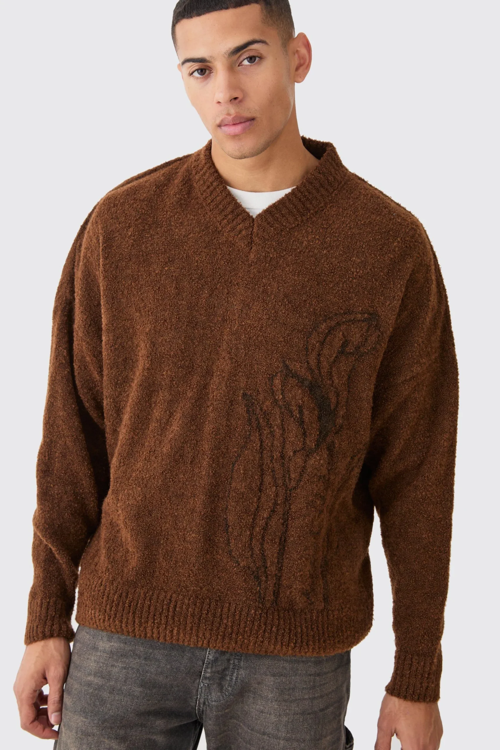 Boxy V Neck Boucle Textured Knit Jumper | BoohooMAN UK
