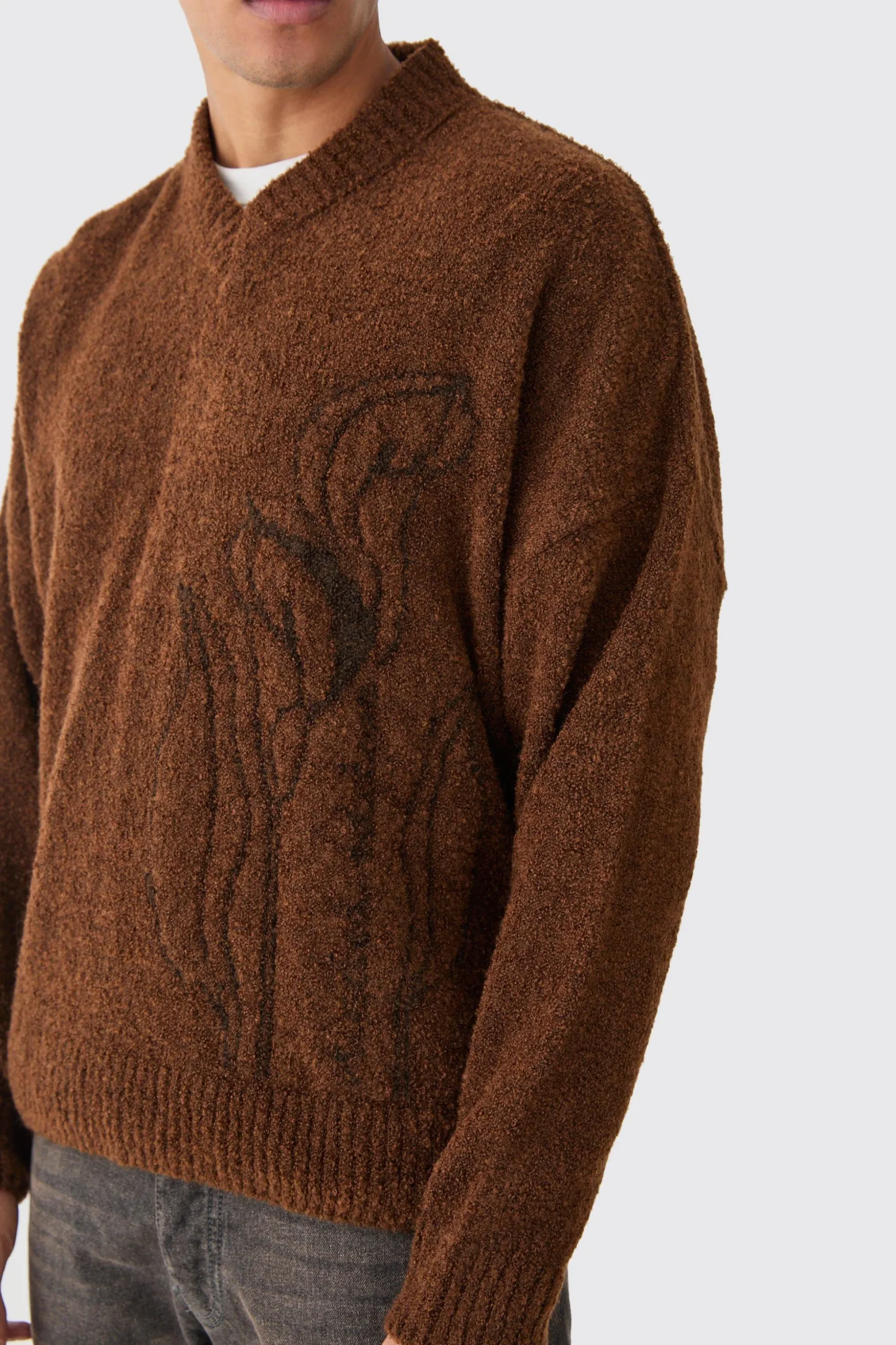 Boxy V Neck Boucle Textured Knit Jumper | BoohooMAN UK