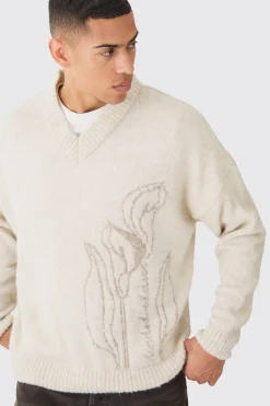 Boxy V Neck Boucle Textured Knit Jumper | BoohooMAN UK