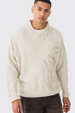 Boxy V Neck Boucle Textured Knit Jumper | BoohooMAN UK