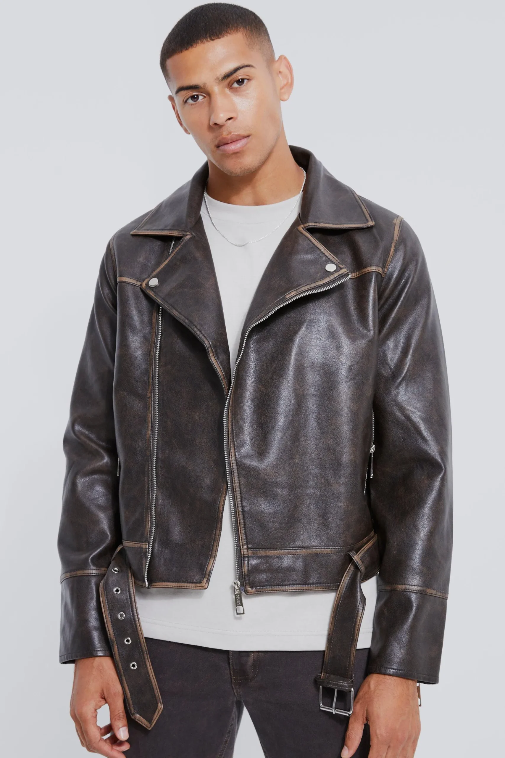 Boxy Vintage Pu Biker Jacket | BoohooMAN UK