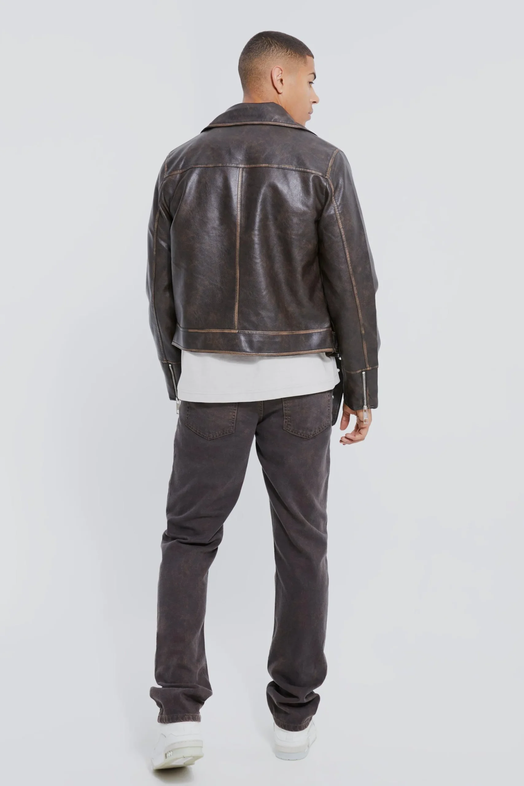 Boxy Vintage Pu Biker Jacket | BoohooMAN UK