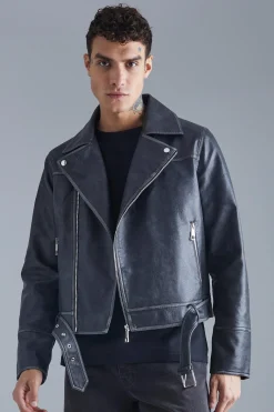 Boxy Vintage Pu Biker Jacket | BoohooMAN UK