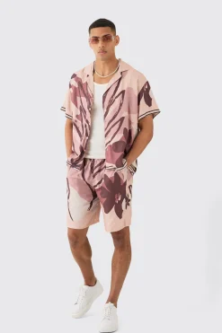 Boxy Viscose Abstract Flower Shirt & Short Set | BoohooMAN UK