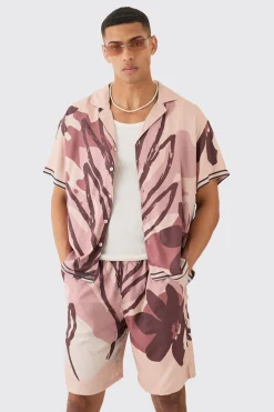 Boxy Viscose Abstract Flower Shirt & Short Set | BoohooMAN UK