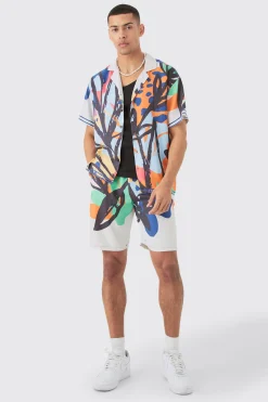 Boxy Viscose Abstract Flower Shirt & Short Set | BoohooMAN UK