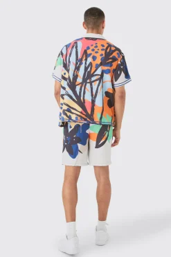 Boxy Viscose Abstract Flower Shirt & Short Set | BoohooMAN UK