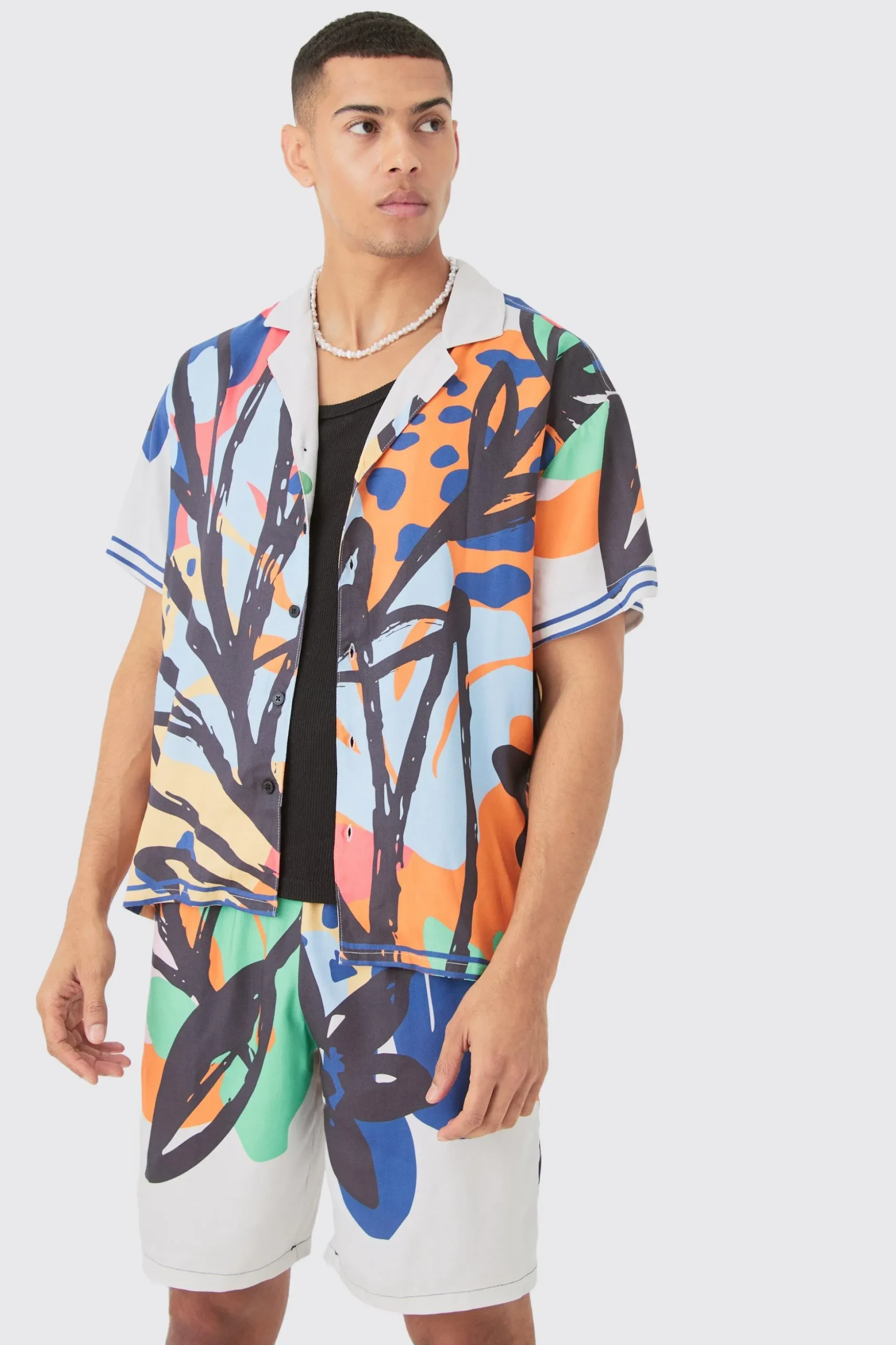 Boxy Viscose Abstract Flower Shirt & Short Set | BoohooMAN UK