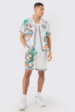 Boxy Viscose Dragon Shirt & Short Set | BoohooMAN UK