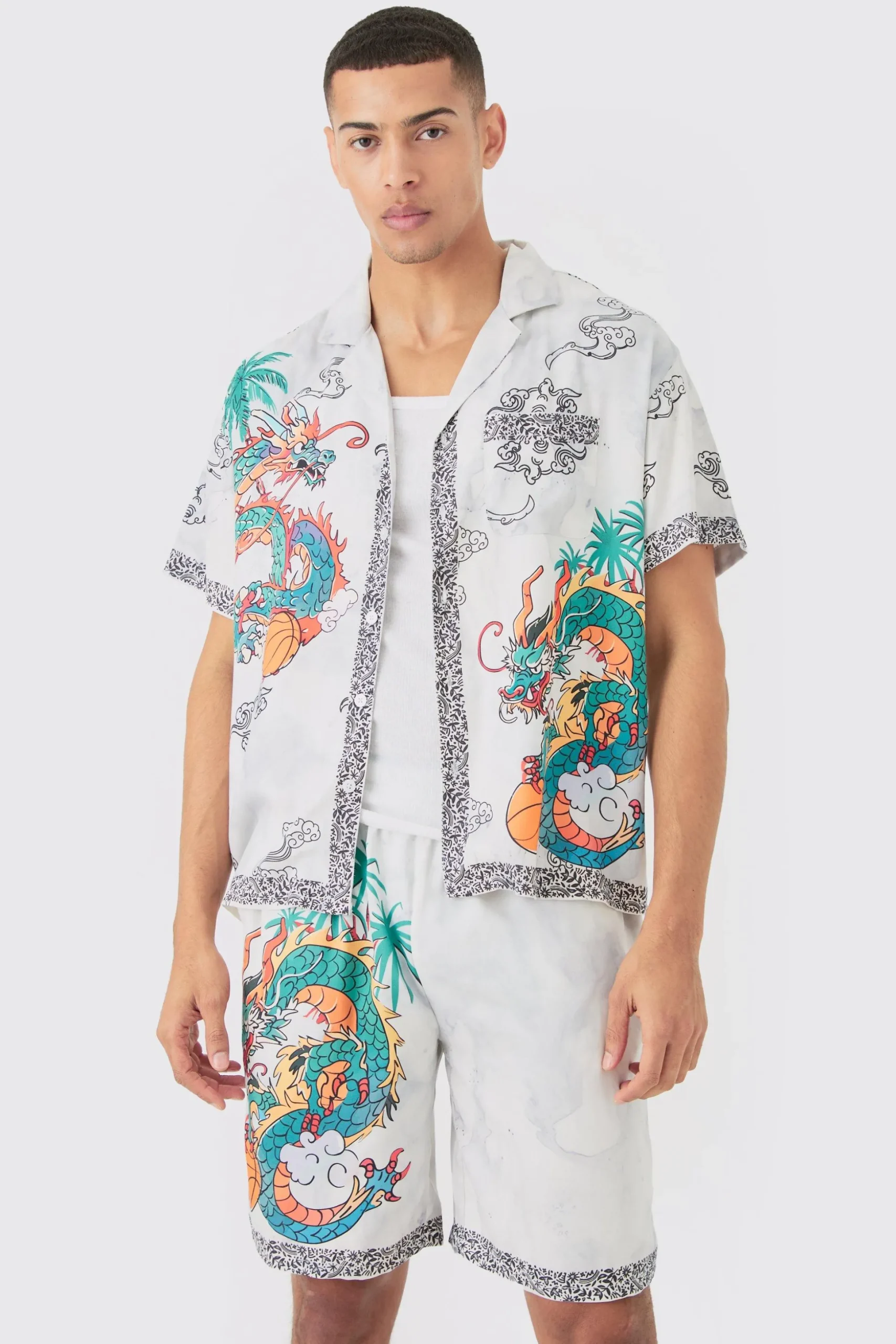 Boxy Viscose Dragon Shirt & Short Set | BoohooMAN UK