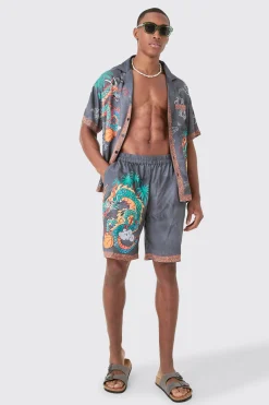 Boxy Viscose Dragon Shirt & Short Set | BoohooMAN UK
