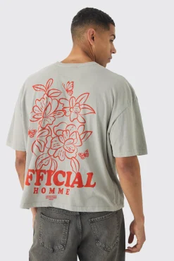 Boxy Washed Floral Back Print T-Shirt | BoohooMAN UK