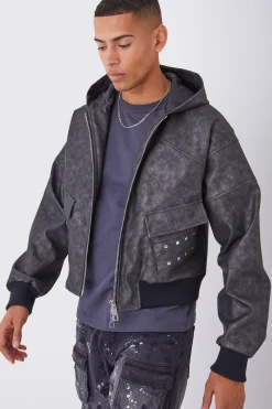 Boxy Washed Pu Hooded Bomber | BoohooMAN UK