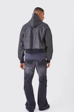 Boxy Washed Pu Hooded Bomber | BoohooMAN UK