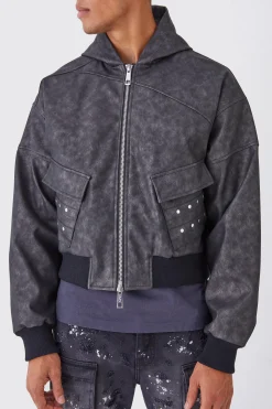 Boxy Washed Pu Hooded Bomber | BoohooMAN UK