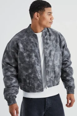 Boxy Washed Pu Seam Detail Padded Bomber | BoohooMAN UK