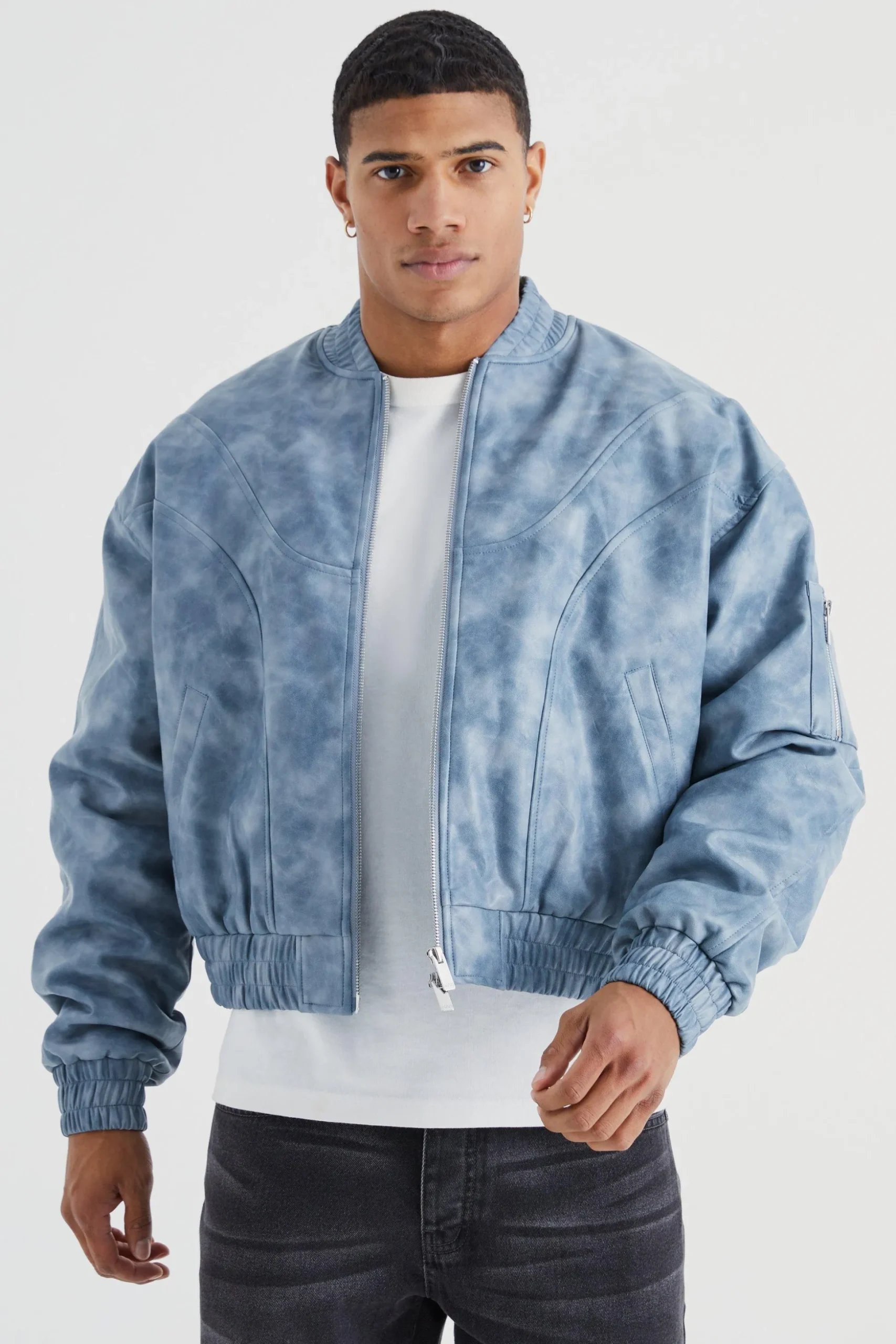 Boxy Washed Pu Seam Detail Padded Bomber | BoohooMAN UK