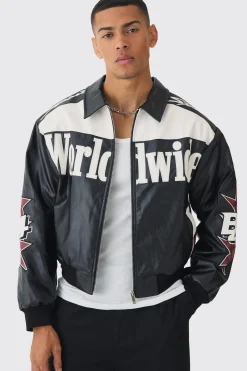 Boxy Worldwide Collared PU Bomber Jacket In Black | BoohooMAN UK