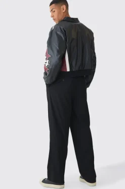 Boxy Worldwide Collared PU Bomber Jacket In Black | BoohooMAN UK