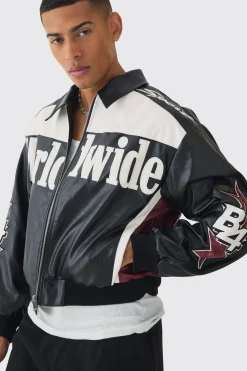 Boxy Worldwide Collared PU Bomber Jacket In Black | BoohooMAN UK