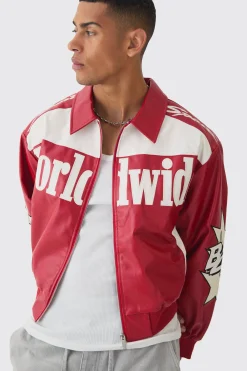 Boxy Worldwide Collared PU Bomber Jacket In Red | BoohooMAN UK