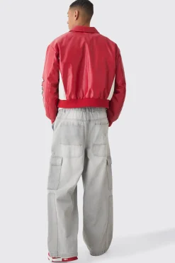 Boxy Worldwide Collared PU Bomber Jacket In Red | BoohooMAN UK