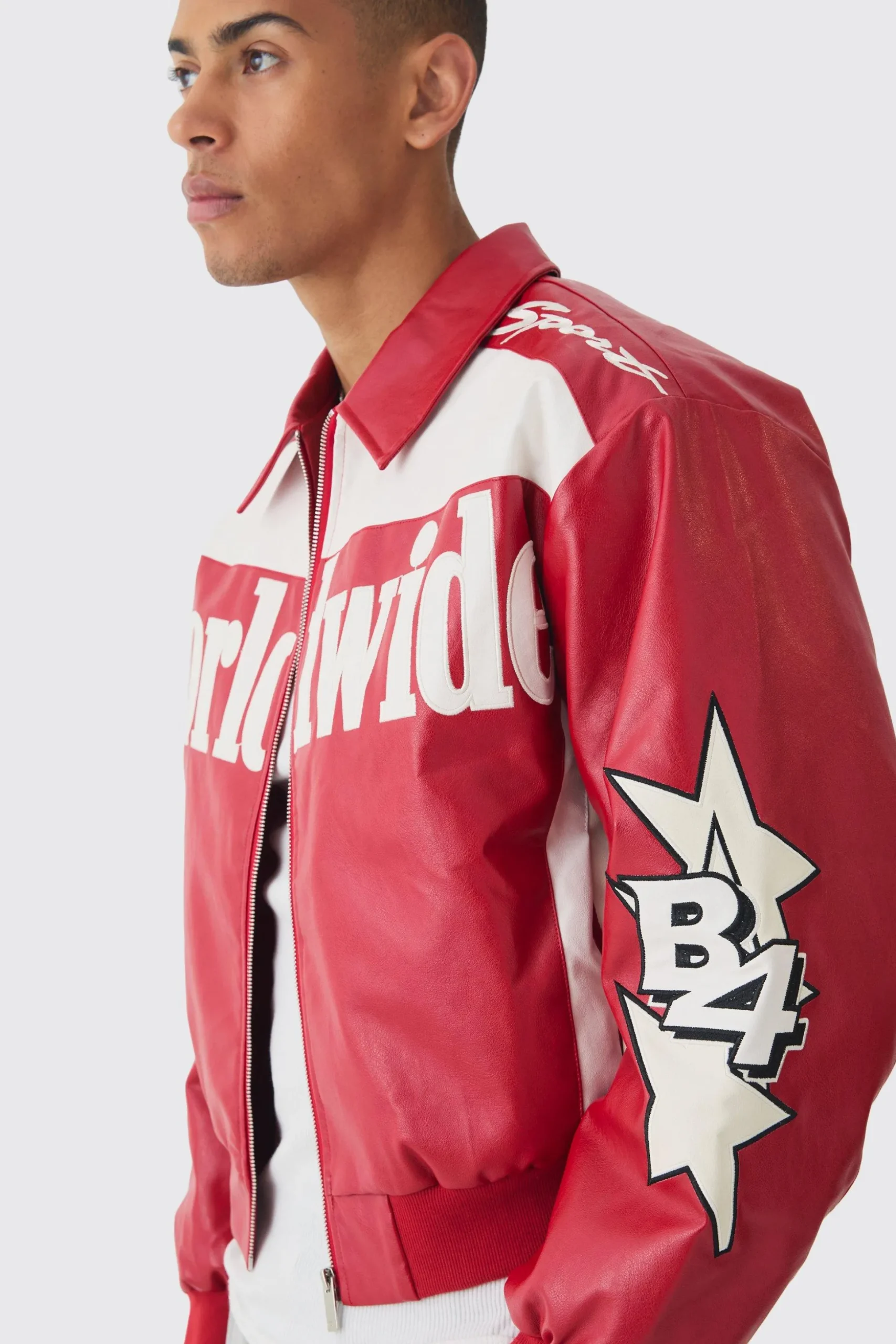 Boxy Worldwide Collared PU Bomber Jacket In Red | BoohooMAN UK