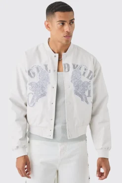 Boxy Worldwide Rhinestone Croc Pu Varsity Jacket In White | BoohooMAN UK