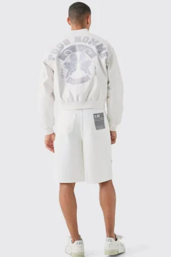 Boxy Worldwide Rhinestone Croc Pu Varsity Jacket In White | BoohooMAN UK