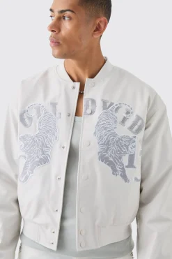 Boxy Worldwide Rhinestone Croc Pu Varsity Jacket In White | BoohooMAN UK