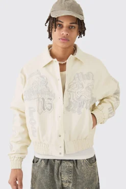 Boxy Worldwide Tonal Badge Collared Bomber In Ecru | BoohooMAN UK