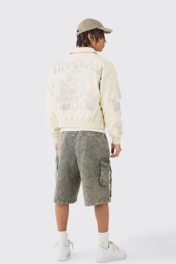 Boxy Worldwide Tonal Badge Collared Bomber In Ecru | BoohooMAN UK