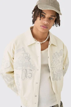Boxy Worldwide Tonal Badge Collared Bomber In Ecru | BoohooMAN UK