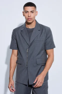 Boxy Zip Detail Short Sleeve Blazer | BoohooMAN UK