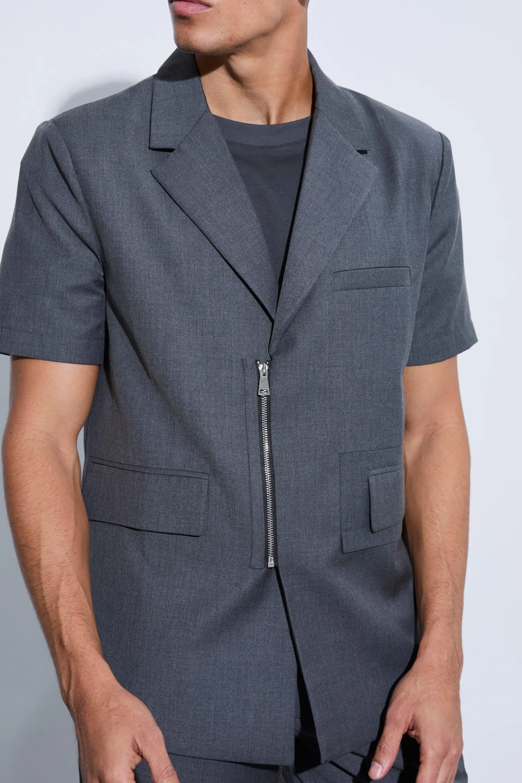 Boxy Zip Detail Short Sleeve Blazer | BoohooMAN UK