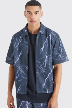 Boxy Zip Through Mesh Scuba Graphic Shirt | BoohooMAN UK
