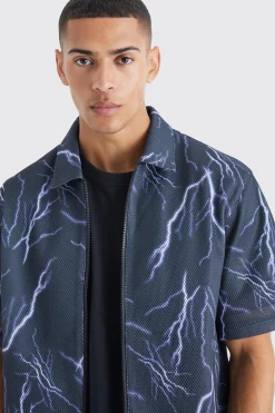 Boxy Zip Through Mesh Scuba Graphic Shirt | BoohooMAN UK