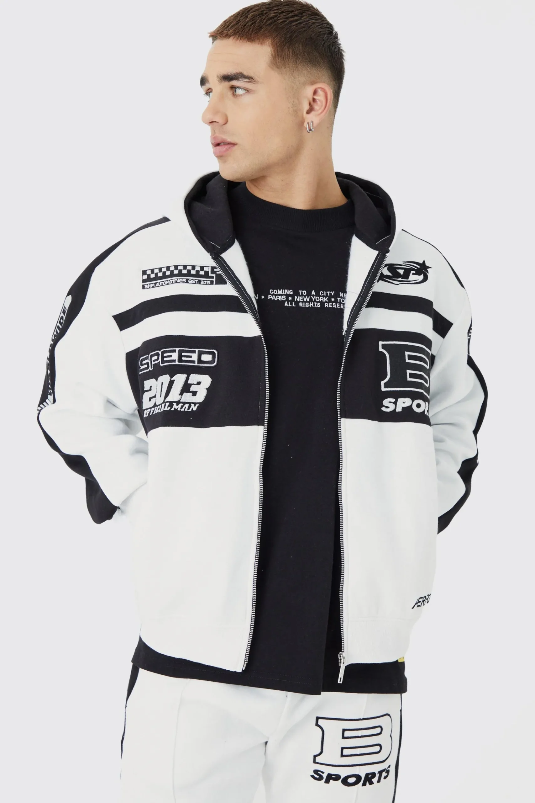 Boxy Zip Through Moto Panel Split Hem Tracksuit | BoohooMAN UK