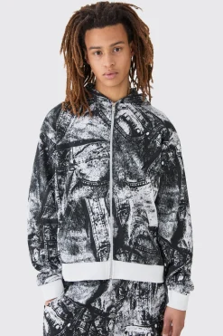 Boxy Zip Through Printed Heavyweight Waffle Hoodie | BoohooMAN UK