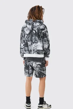 Boxy Zip Through Printed Heavyweight Waffle Hoodie | BoohooMAN UK