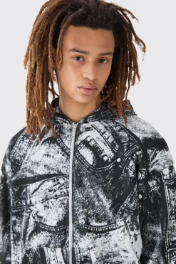 Boxy Zip Through Printed Heavyweight Waffle Hoodie | BoohooMAN UK