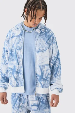Boxy Zip Through Printed Heavyweight Waffle Hoodie | BoohooMAN UK