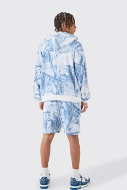 Boxy Zip Through Printed Heavyweight Waffle Hoodie | BoohooMAN UK