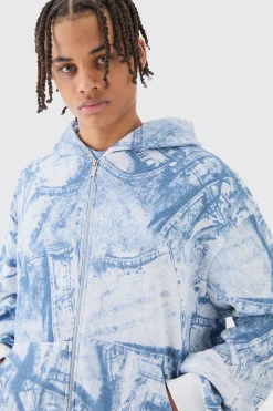 Boxy Zip Through Printed Heavyweight Waffle Hoodie | BoohooMAN UK