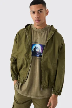 Branded Plaque Detail Twill Hooded Overshirt | BoohooMAN UK