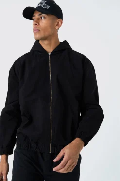 Branded Plaque Detail Twill Hooded Overshirt | BoohooMAN UK