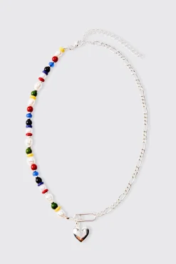 Broken Heart Bead And Chain Necklace In Silver | BoohooMAN UK