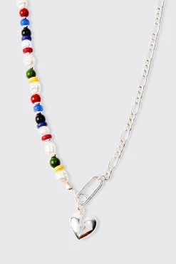 Broken Heart Bead And Chain Necklace In Silver | BoohooMAN UK