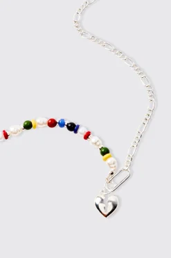 Broken Heart Bead And Chain Necklace In Silver | BoohooMAN UK